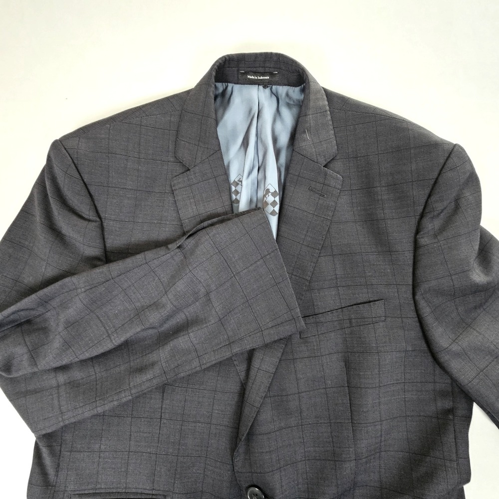Vince Camuto Slim Fit 100% Wool Blazer 42R Gray Windowpane Sport Coat Mens